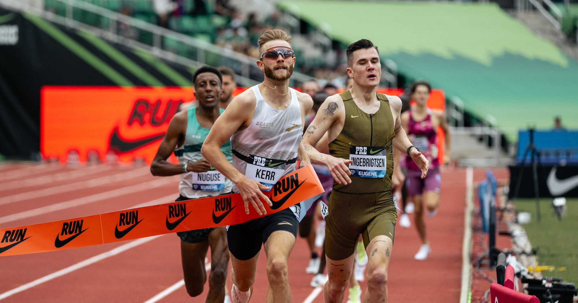 1500m World champion Josh Kerr prevails over 1500m Olympic champion Jakob Ingebrigtsen at the 2024 Prefontaine Classic in Eugene, Oregon.