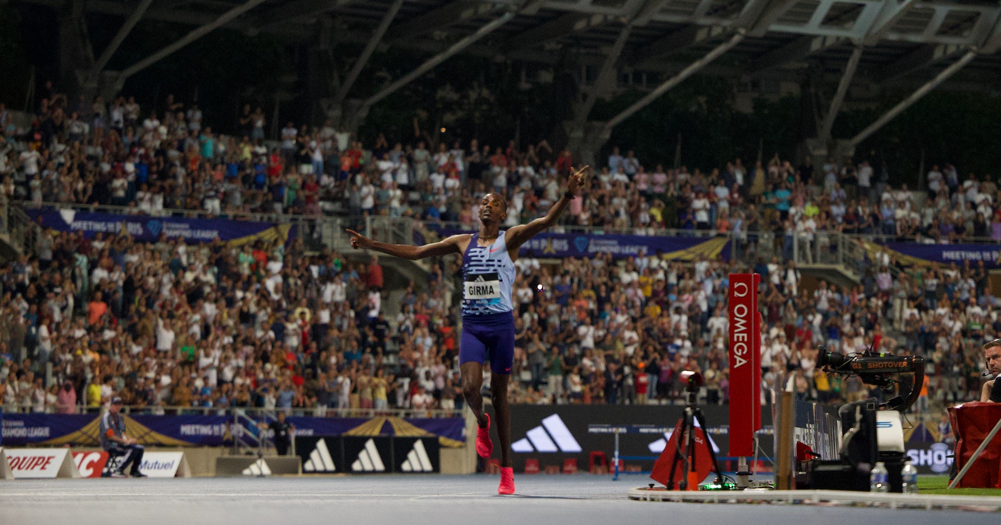 Ethiopia's Lamecha Girma breaks the 3000m steeplechase world record.