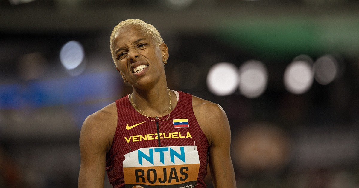 Yulimar Rojas reacting to a bad jump at the 2023 World Athletics Outdoor Championships.