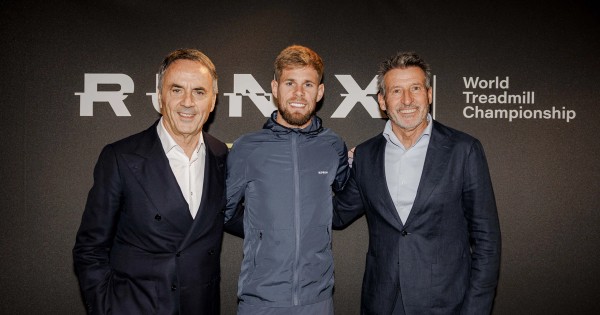 Technogym Founder and CEO Nerio Alessandri, World Athletics President Sebastian Coe, and world 10,000m champion Jimmy Gressier at the announcement of Run X – The World Treadmill Championships